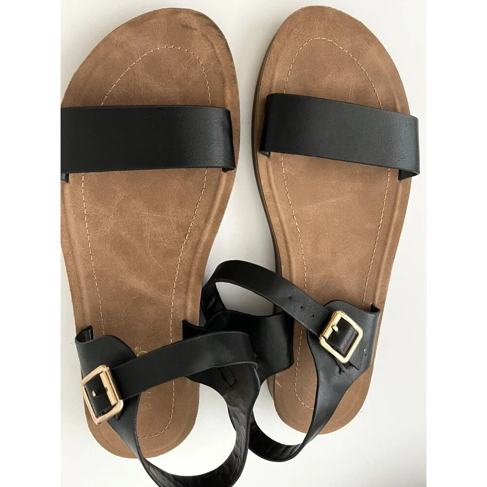 Bamboo Womens Classic Sandals Black/Brown Strappy Size 8 Flat Minimalist Modern